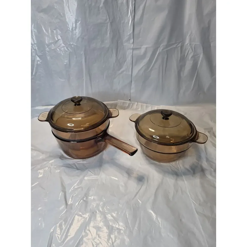 Corning Vision Ware Amber V-20-B Double Boiler x2 w 1.5 L Pot Lid V 1.5 C Pyrex